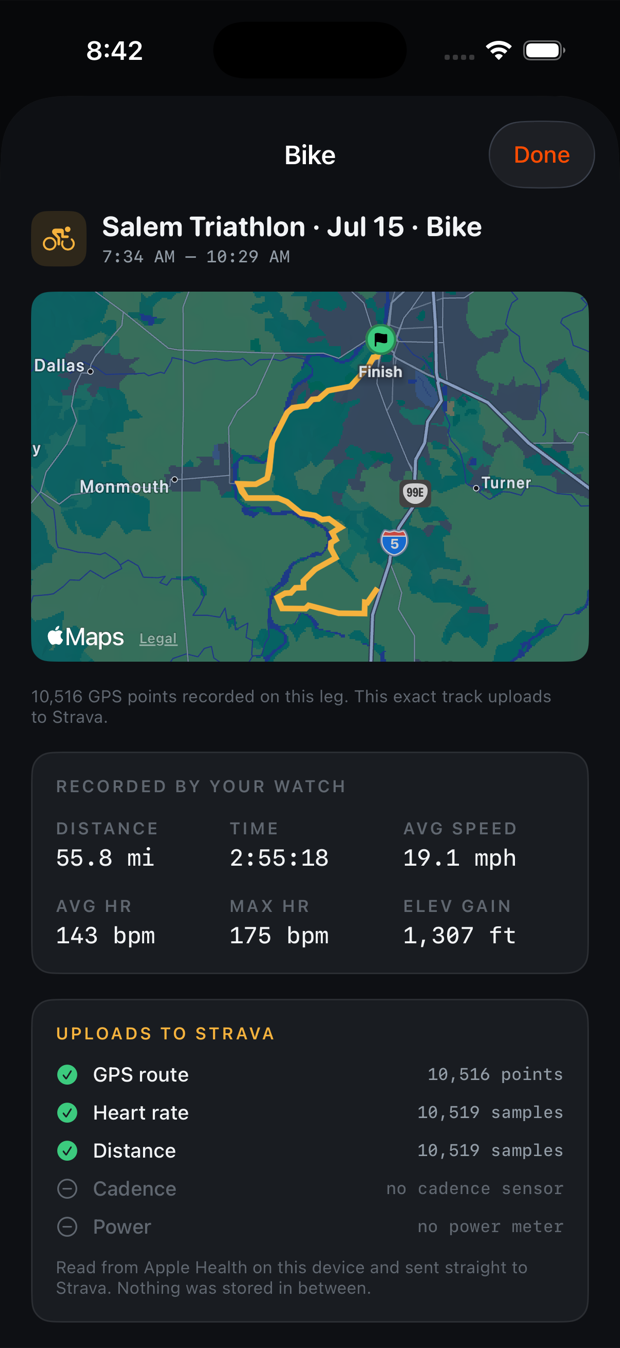 A single bike leg expanded, showing its own GPS route, 55.8 miles at 19.1 mph, and a list of data streams with sample counts: 10,516 GPS points and 10,519 heart-rate samples.