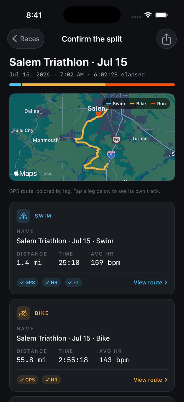 Trisect's confirm screen: a triathlon route on a map with the swim, bike and run legs drawn in different colours, above editable cards for each leg showing distance, time and average heart rate.