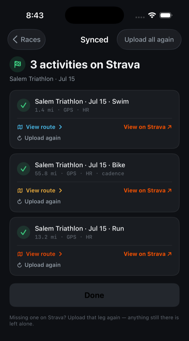 Three completed activities listed with green checkmarks, each with a View route link and a View on Strava link.